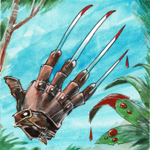 GARDEN GLOVE A leather glove with long blades at the end of four fingers surrounded by vegetation. Blood drips off the end of the blades and some of the leaves.