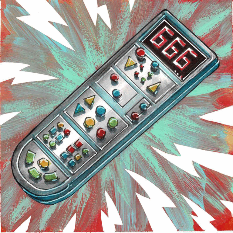 HELL CLICKER a silver tv remote controller with multi-colored buttons and a digital numerical display looking ominous with lightning bolts framing it and the number "666" on the digital display