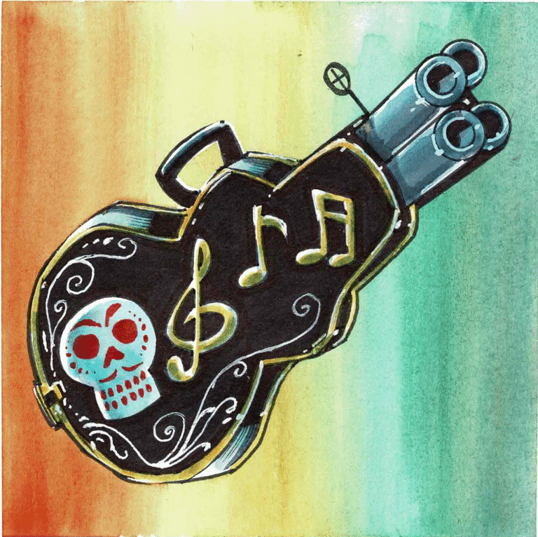 MARIACHI ZOOKA A guitar case with a skull and music notation painted on its side. 4 barrels are sticking out the very top where the tuning head of a guitar would rest.