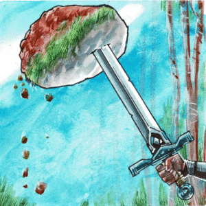 SWORD IN STONE A magical blade that is meant for a chosen one is held aloft by a person who was not the chosen one. This has caused the stone it is encased in to remain on its tip.